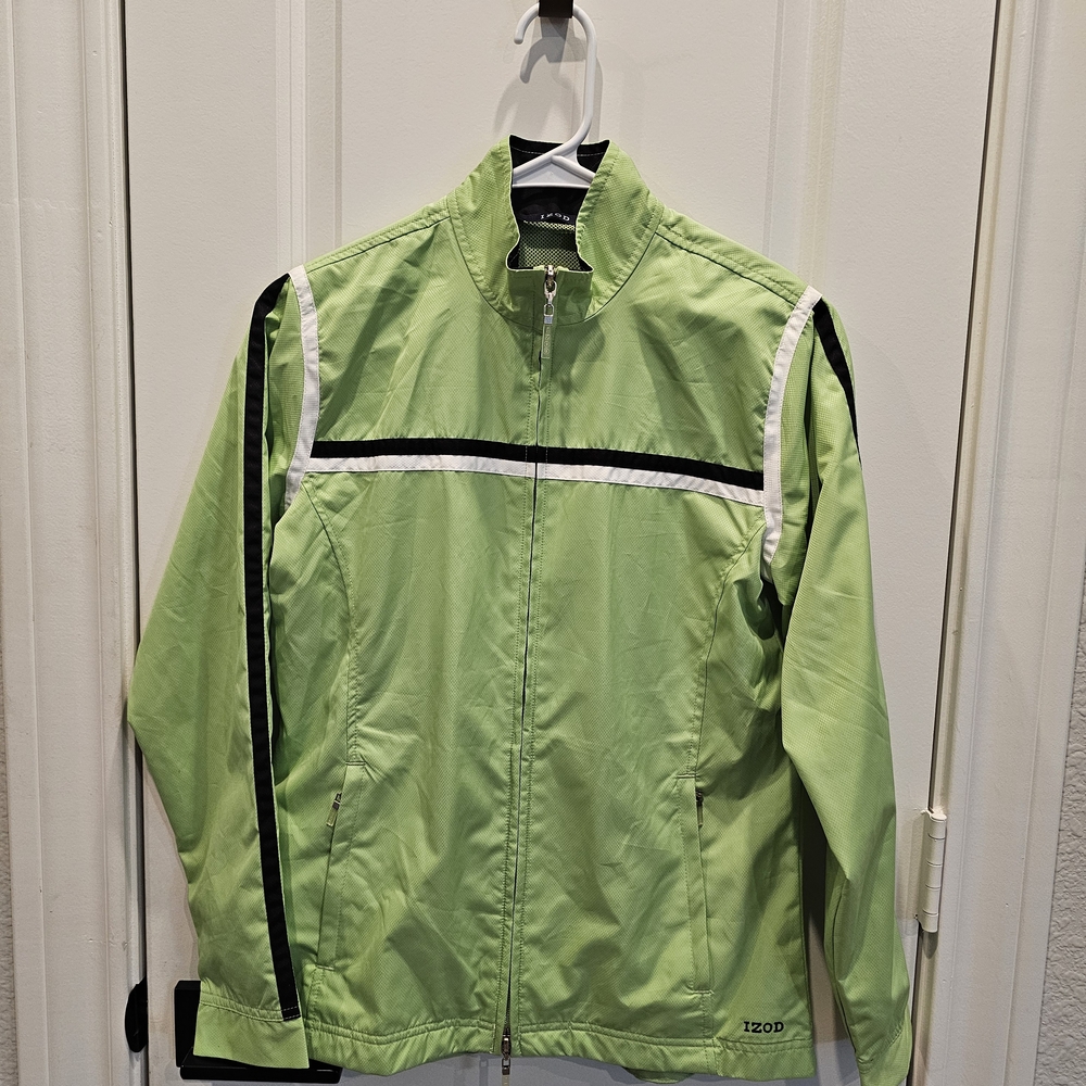 IZOD Golf Ladies Lime Green Water-Wind Resistant with Black and White Stripes